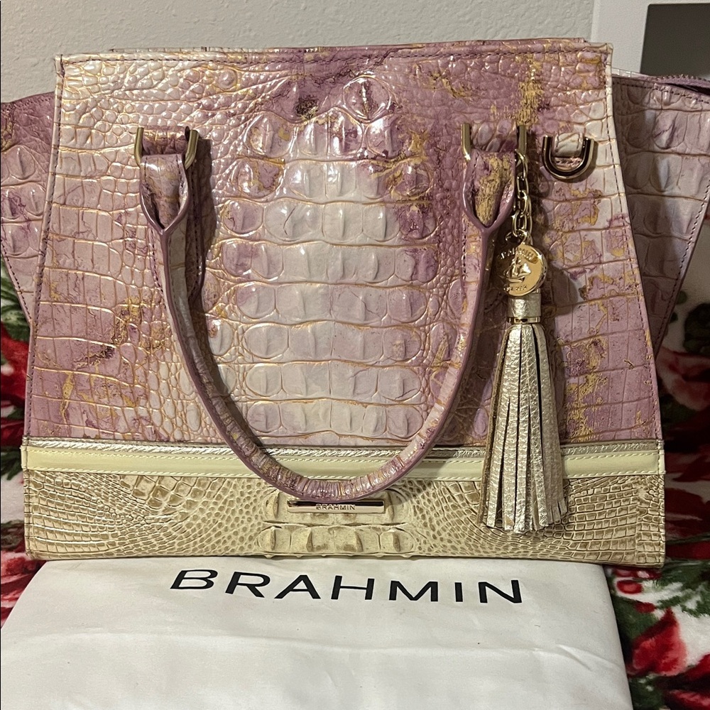 Brahmin Lavender and Gold Croc-Embossed Tote